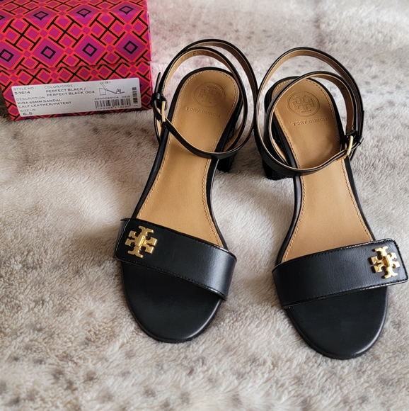 Tory Burch Black Kira Block Heel Calf Leather Sandals, Size 6.5 - Picture 2 of 14